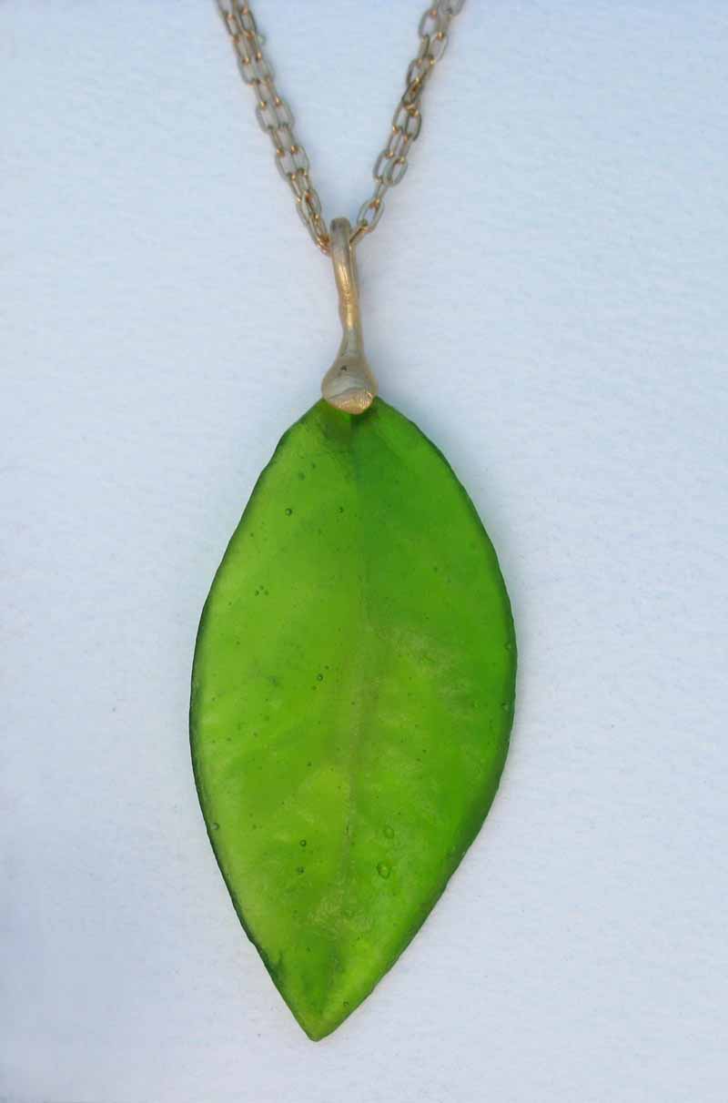 Long Blueberry Leaf Necklace in Cast Glass